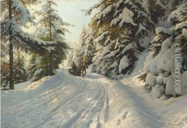 Winter Landscape With A Timber Sled Oil Painting - Peder Mork Monsted