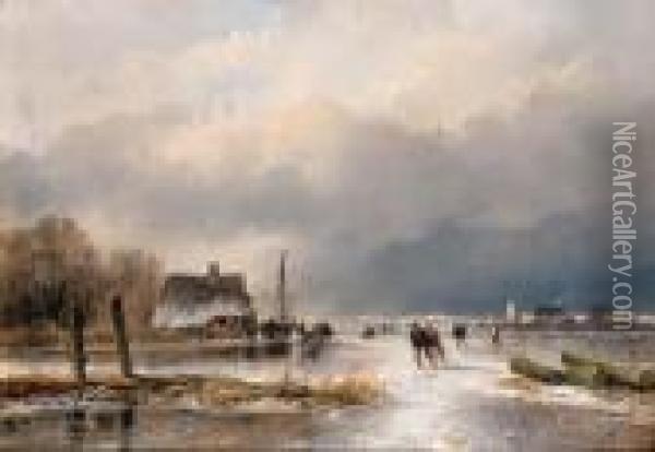 A Winter Landscape With Skaters On A Frozen Waterway Oil Painting - Andreas Schelfhout