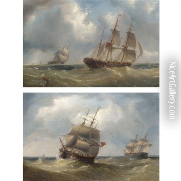 Frigates Off The Coast (+another; Pair) Oil Painting - Henry Redmore