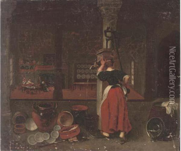 A Kitchen Interior Oil Painting - David The Elder Ryckaert