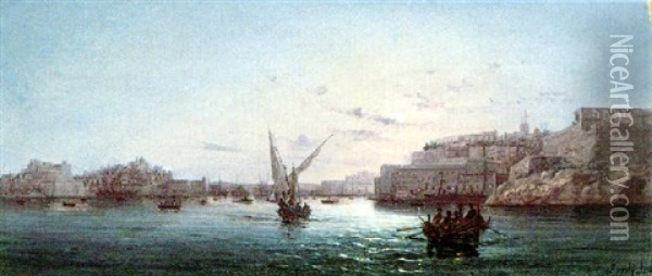 Moonlight In The Grand Harbour, Valletta Oil Painting - Luigi Maria Galea