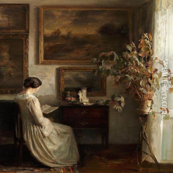 Interior With A Readingwoman Dressed In White Oil Painting - Carl Vilhelm Holsoe