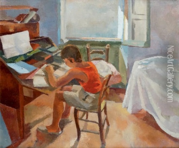 Jeune Garcon A Son Bureau Oil Painting - Georges Cherkesov