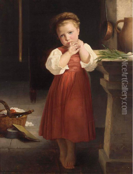 A Young Girl In A Kitchen Interior Oil Painting - A. Meisner