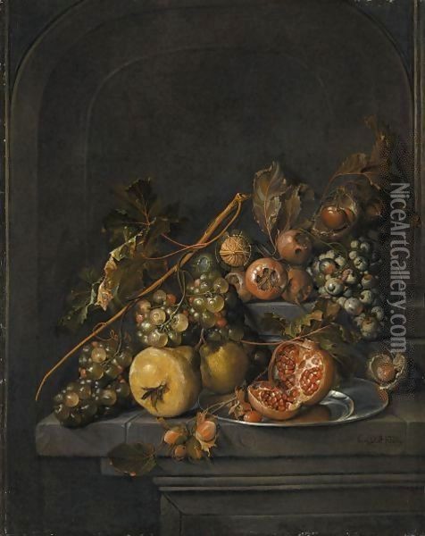 Still Life Of Fruit And Nuts On A Stone Ledge, Including Grapes, Pears, Horse Chestnuts Oil Painting - Cornelis De Heem