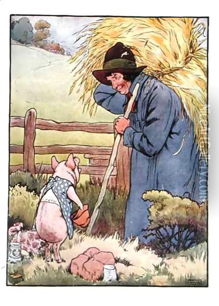 'If you please, Sir', said he, 'will you give me that straw to build a house with', illustration from 'The Three Little Pigs' Oil Painting - Frank Adams