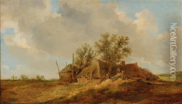 An Extensive Dune Landscape With Peasants Resting In Front Of A Farm House Oil Painting - Jan Josefsz. van Goyen