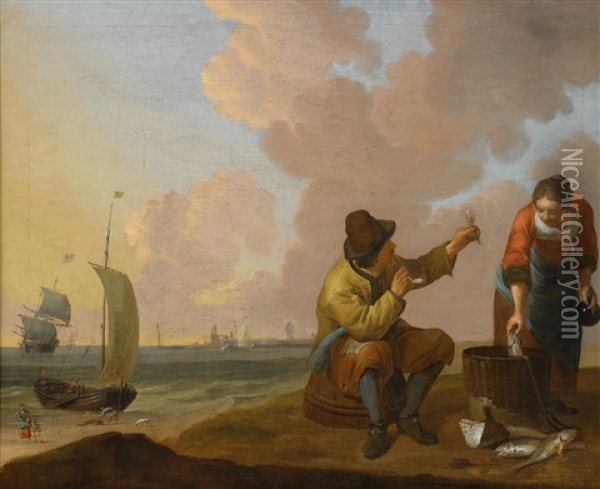 Kustlandskap Med Fiskare Oil Painting - Ludolf Backhuysen the Elder