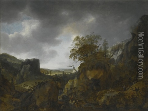 A Mountainous Landscape With Shepherds And Huntsmen Oil Painting - Jan Looten