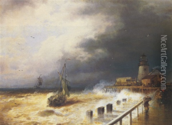 Storm On The Holland Coast Lighthouse And Pier Oil Painting - Hermann Herzog