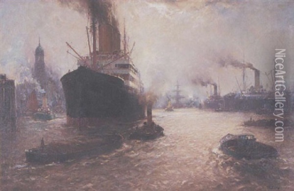 Der Hamburger Hafen Oil Painting - Franz Mueller-Gossen