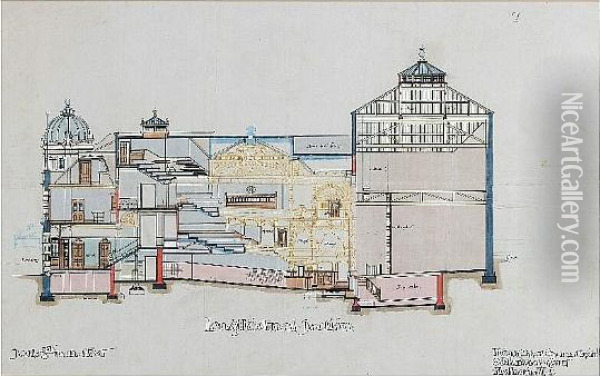 Opera House, Buxton, A Group Of Three Architectural Drawings, Comprising A Longtitudinal Section, Pit Plan, And Two Sections (on One Sheet) Of The Stage Oil Painting - Frank Matcham