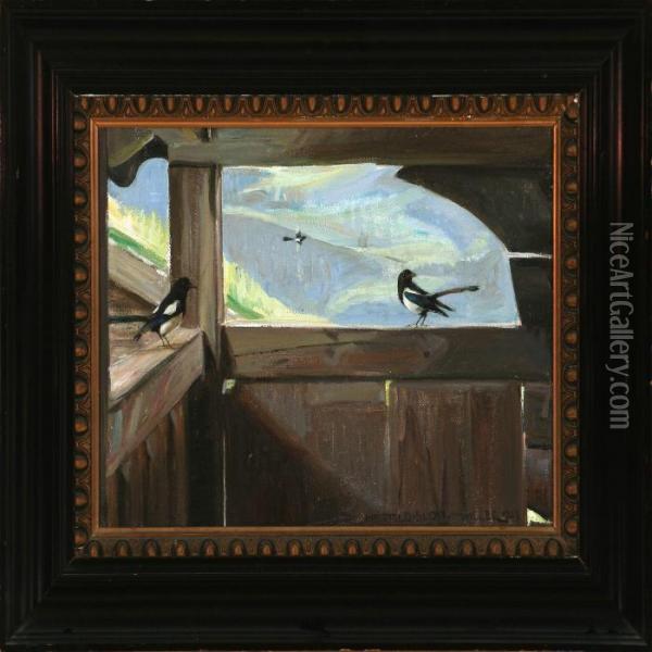 Birds On A Verdanda Oil Painting - Harald Slott-Moller