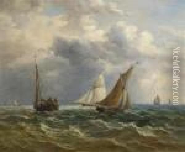 Fishing Boats Out At Sea Oil Painting - John Moore Of Ipswich