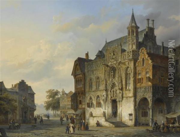 Dutch Town With Figures Oil Painting - Cornelis Springer