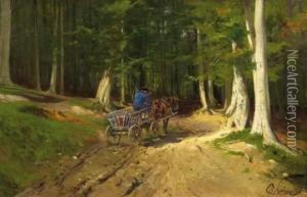 Farmer With His Wagon On The Forest Road Oil Painting - Christian Johann Kroner