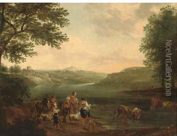An Italianate landscape with peasants and their cattle fording a river Oil Painting - Nicolaes Berchem