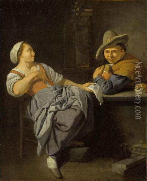 A Couple Sitting At A Table In An Inn Oil Painting - Jacob Van Toorenvliet