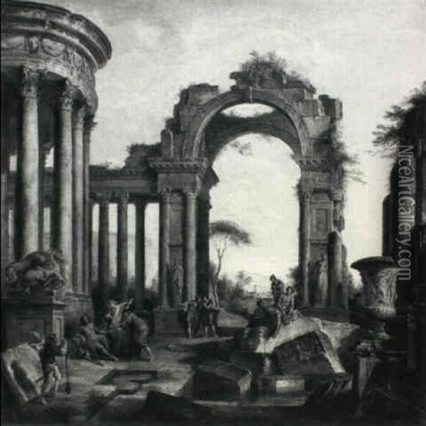 A Capriccio Of Classical Ruins With The Impoverished        Belisarius Oil Painting - Giovanni Paolo Panini