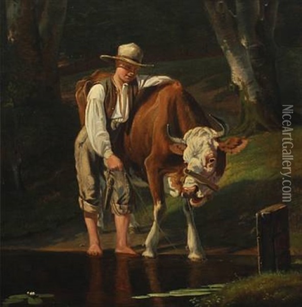 A Cow Being Watered Oil Painting - Otto Haslund