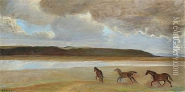 Horses On The Beach Oil Painting - Elise Konstantin Hansen