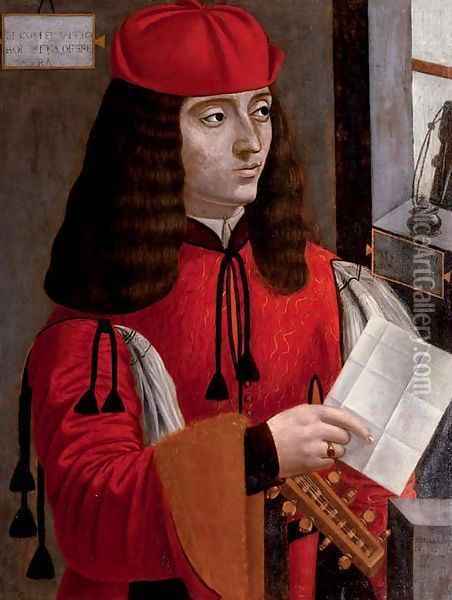 Portrait of a gentleman in a red coat and cap holding a lute and a letter Oil Painting - Milanese School