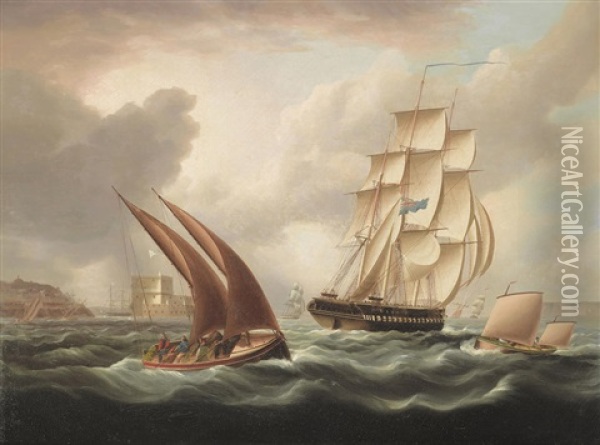 A British Frigate In The Tagus Off Belem Castle Oil Painting - James Edward Buttersworth