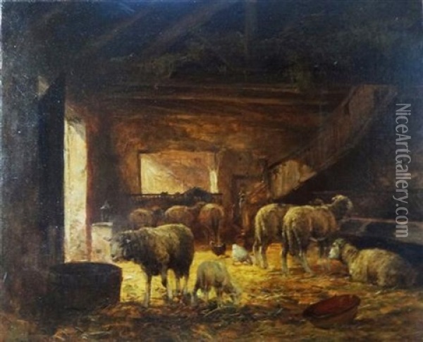 Sheep In A Barn Oil Painting - Clement (Charles-Henri) Quinton