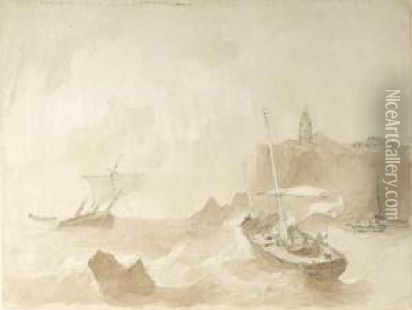 Shipping In A Heavy Wind By A Lighthouse On A Rocky Coast Oil Painting - Christiaan Dreibholtz