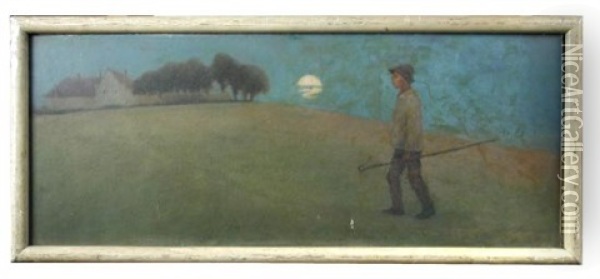 Eventide - A Young Shepherd Boy Going Home By The Light Of The Moon Oil Painting - Willy Sluijter