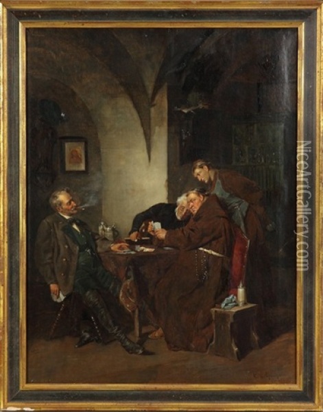 Card Game With Friar Oil Painting - Eduard von Gruetzner