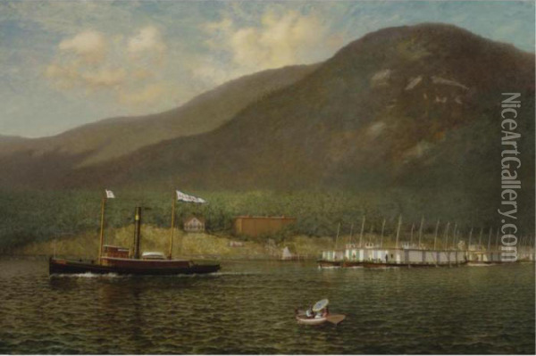 Tug A.c. Cheney Towing Barges Past Bear Mountain Oil Painting - James Gale Tyler