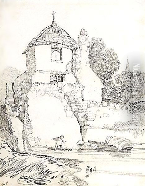 A Child Playing In A River Below A Cottage, Guildford, Surrey Oil Painting - John Sell Cotman