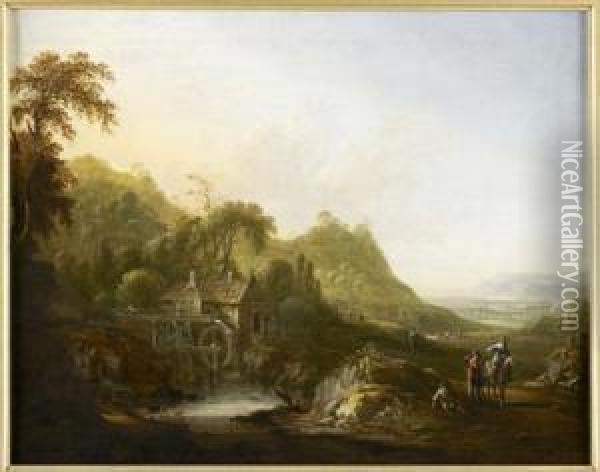 Figures And Travellers By A Watermill Oil Painting - Johann Fried. Alex. Thiele