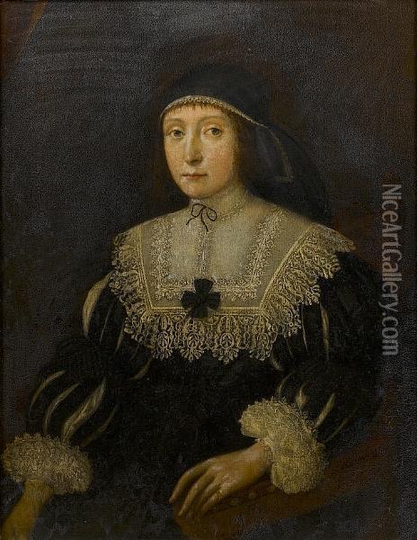 Portrait Of A Lady, Three-quarter-length, In A Black Dress With Slashed Sleeves And White Lace Collar And Cuffs Oil Painting - Gilbert Jackson