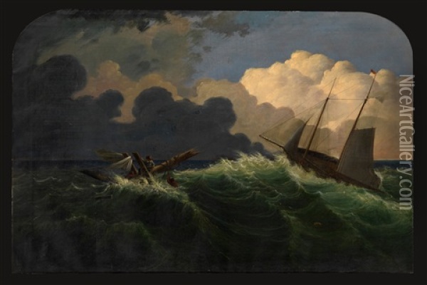 A Two-master Passing By Drowning Figures In Choppy Seas Oil Painting - Joseph Rusling Meeker