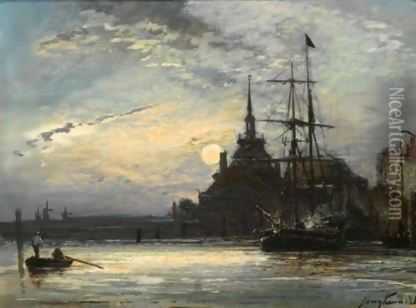 Sunset At The Hoofdpoort, Rotterdam Oil Painting - Johan Barthold Jongkind