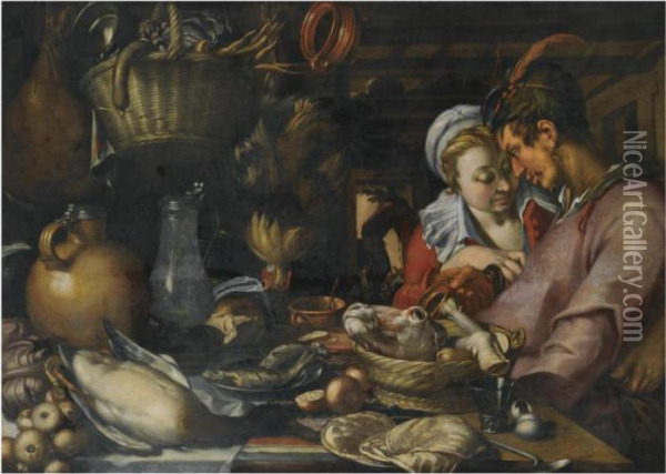 An Elaborate Kitchen Still Life 
With A Couple Standing Beside Atable With A Basket With An Ox Head And 
Feet, Fish On A Pewterplate, A Duck, Earthenware And Pewter Jugs, A 
Basket Withvegetables, A Cockerel Hanging From The Ceiling, In The 
Backgroun Oil Painting - Abraham Bloemaert