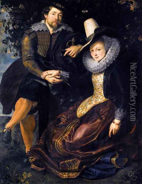 The Artist and His First Wife, Isabella Brant, in the Honeysuckle Bower 1609-10 Oil Painting - Peter Paul Rubens