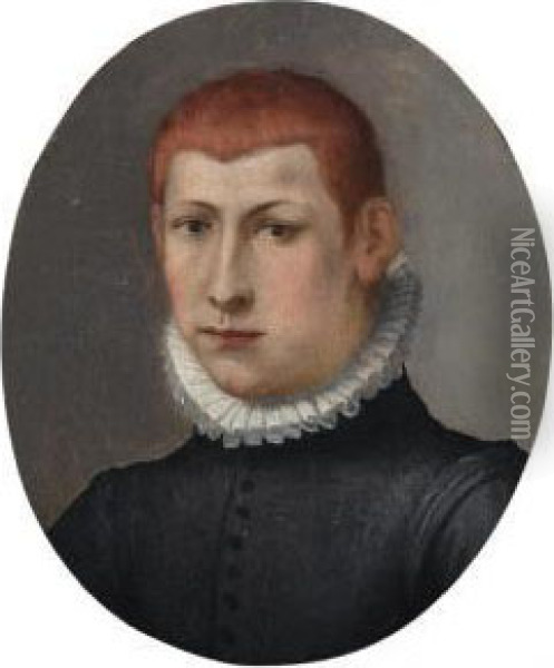 Portrait Of A Gentleman, Bust Length, In A Black Doublet And Standing Ruff Oil Painting - Alessandro Allori