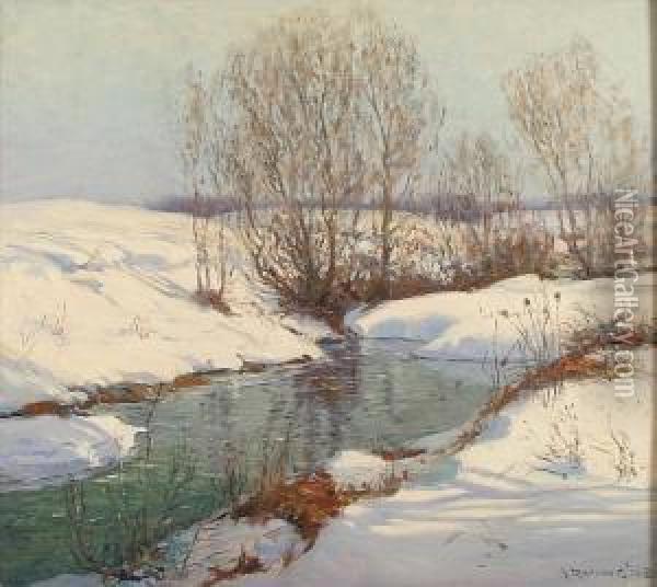 A Stream In Winter With Snow-covered Banks Oil Painting - Wilson Henry Irvine