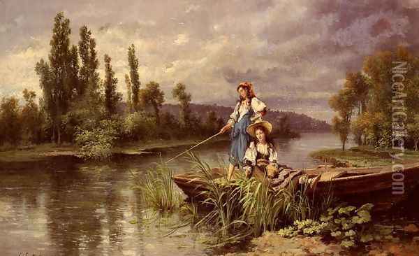On The River At Dusk Oil Painting - Giuseppe Castiglione