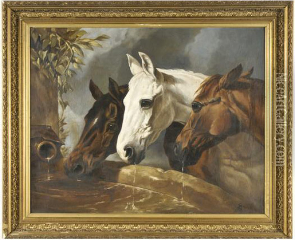 Trois Chevaux A L Abreuvoir Oil Painting - John Frederick Herring Snr