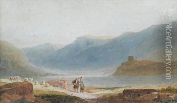 A Man With A Harp And His Son Near Dolbadern Castle, Llanberis Oil Painting - David Cox