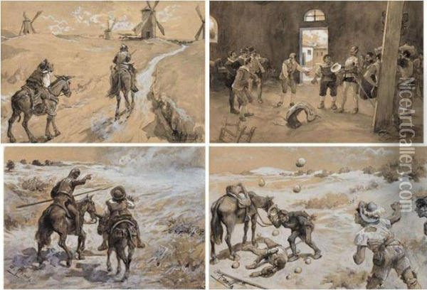 Bocetos Para El Centenario De ``don Quijote' (sketches For Don Quijote) Oil Painting - Jose Jimenez y Aranda