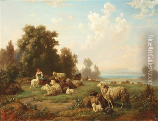 Shepherdess With Sheep Oil Painting - Louis (Ludwig) Reinhardt