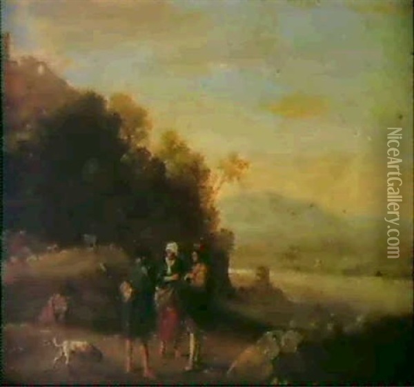 Three Shepherds Conversing On A Hillside Overlooking A River Valley Whilst Another Seated Man Watches A Dog Nearby Oil Painting - Bartholomeus Breenbergh