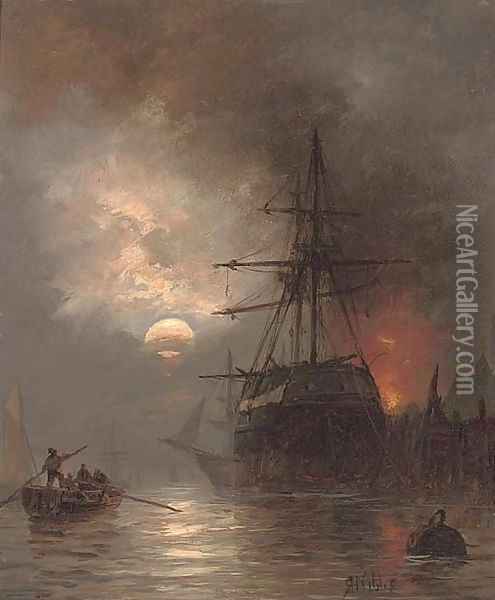 A trading brig in the harbour by moonlight Oil Painting - Richard Henry Nibbs