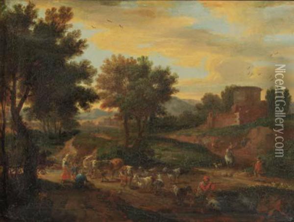 Shepherds Fording Cattle And Flock On A Sandy Track By A Ruinedcastle, In An Italianate Landscape Oil Painting - Adriaen Frans Boudewijns