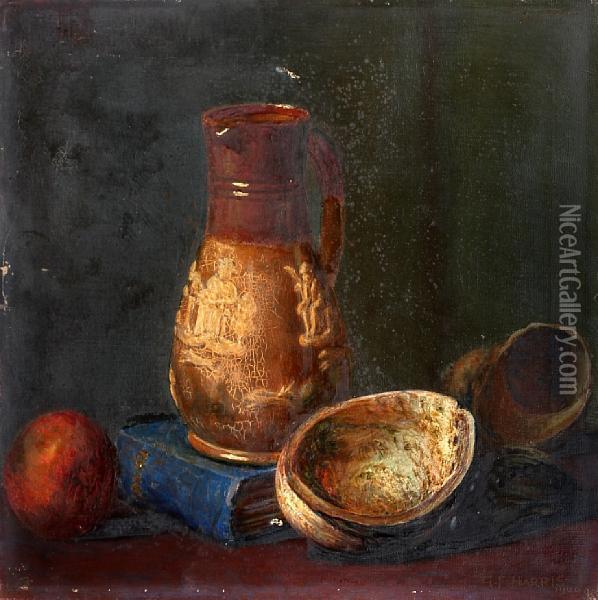 Still Life Of Jug, Book, Bowl And Fruit Oil Painting - George Harrison
